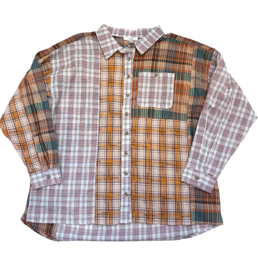 Easel Patchwork Plaid Button Down Shirt Shacket S… - image 2
